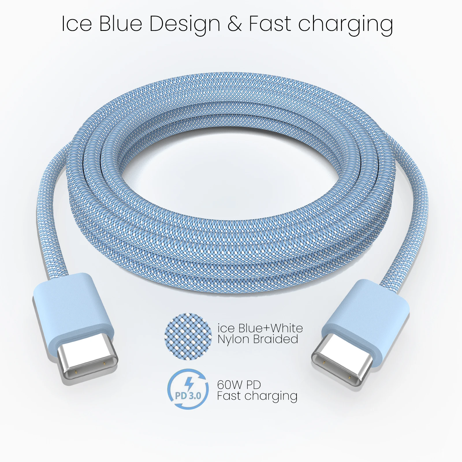 Ice Blue 60W Fast Charging USB-C Cable | Braided Nylon Type-C to Type-C Cord