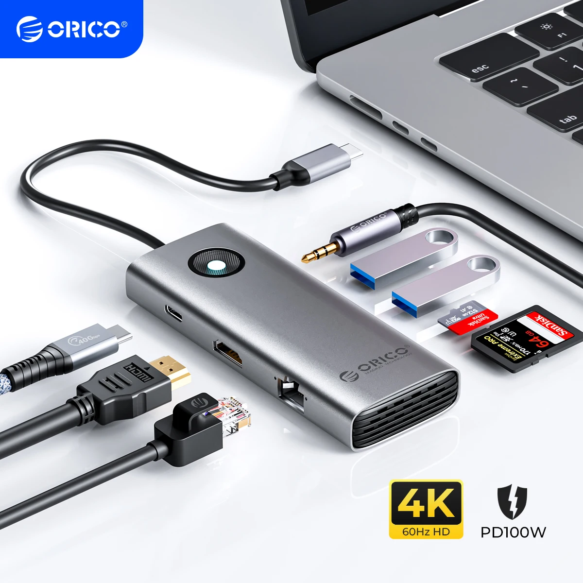 Orico-estação de Ancoragem tipo c Usb 3.0 Hub Rgb Compatível com Hdmi Dp1.4 Adaptador Pd100w sd Divisor tf para Macbook Huawei Mate 4k60hz