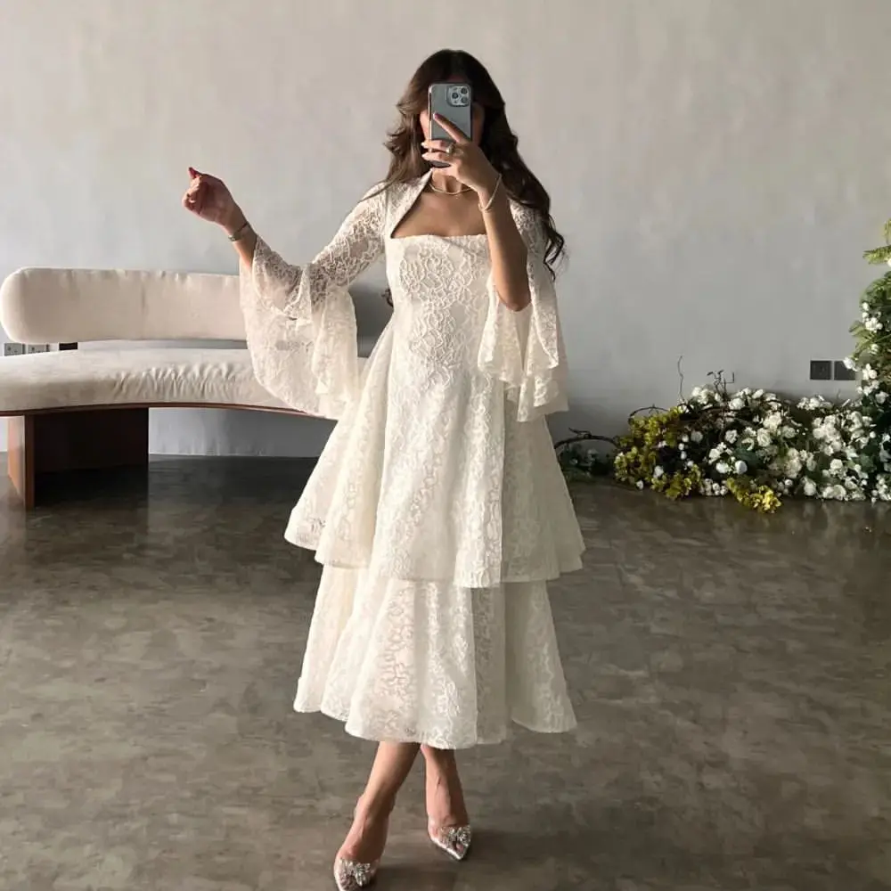 

Meetlove Full Sleeves Prom Dresses Ankle-Length Stain Zipper Up Square Collar Wedding Party Women A-Line Layered Grace 2023
