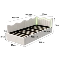 Canapé lit rembourré 90x200 avec éclairage LED, lit banquette 1 place, Lit Coffre avec sommier à Lattes et Rangement, lit simple pour enfant, sans Matelas 3