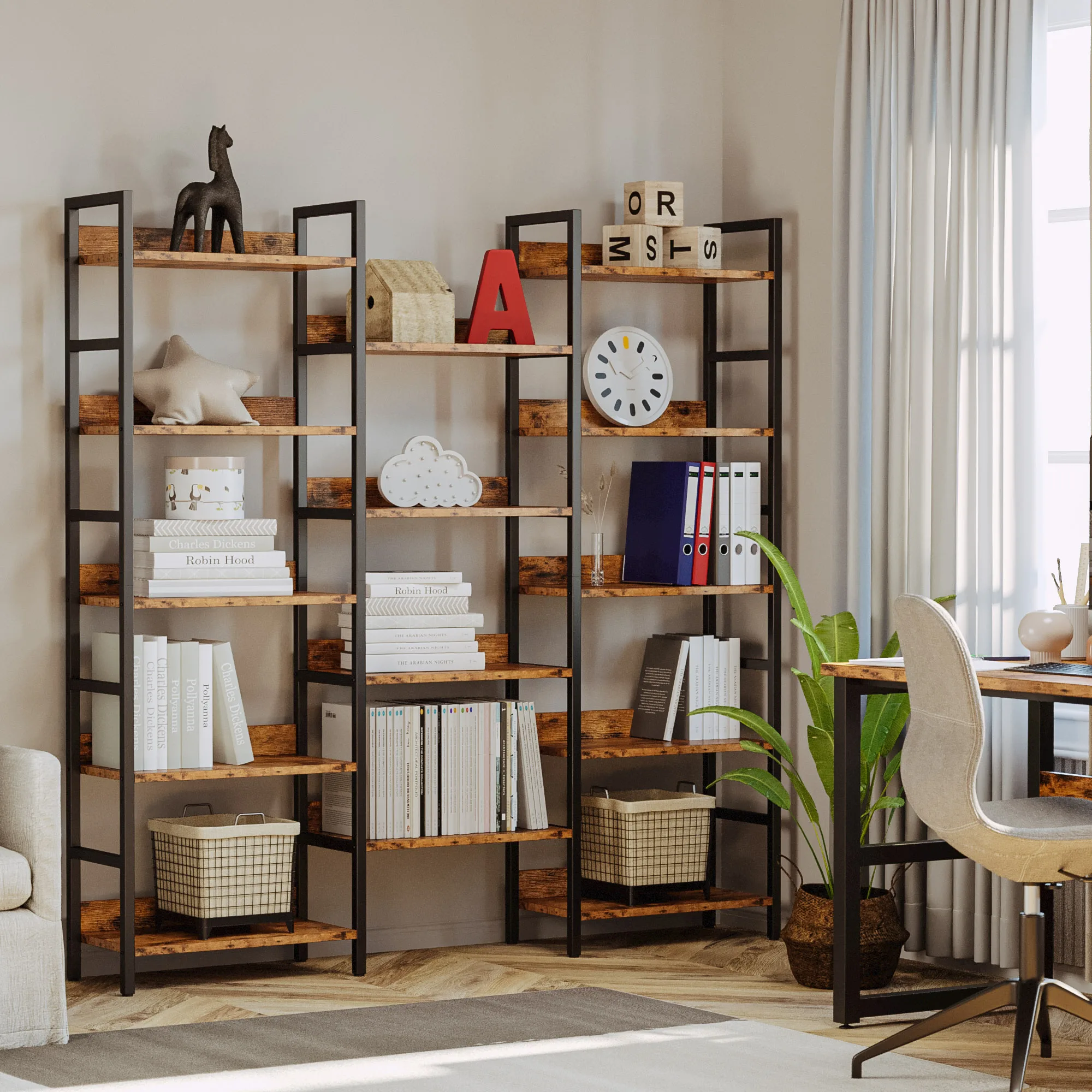 IRONCK Bookcases and Bookshelves Triple Wide 5 Tiers Industrial Bookshelf with Baffles Large Etagere Bookshelf with Metal Frame 3