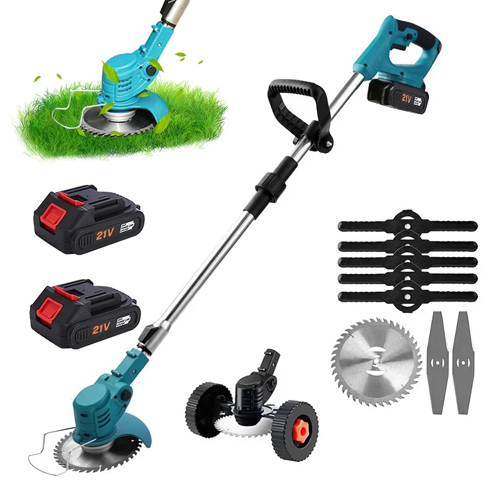 Leistungsstarker elektrischer Rasenmäher, handgeführt, kabellos, Gartengras-Trimmer, längenverstellbar, mit 2 Akkus, für Makita 21V Akku – Detail 1