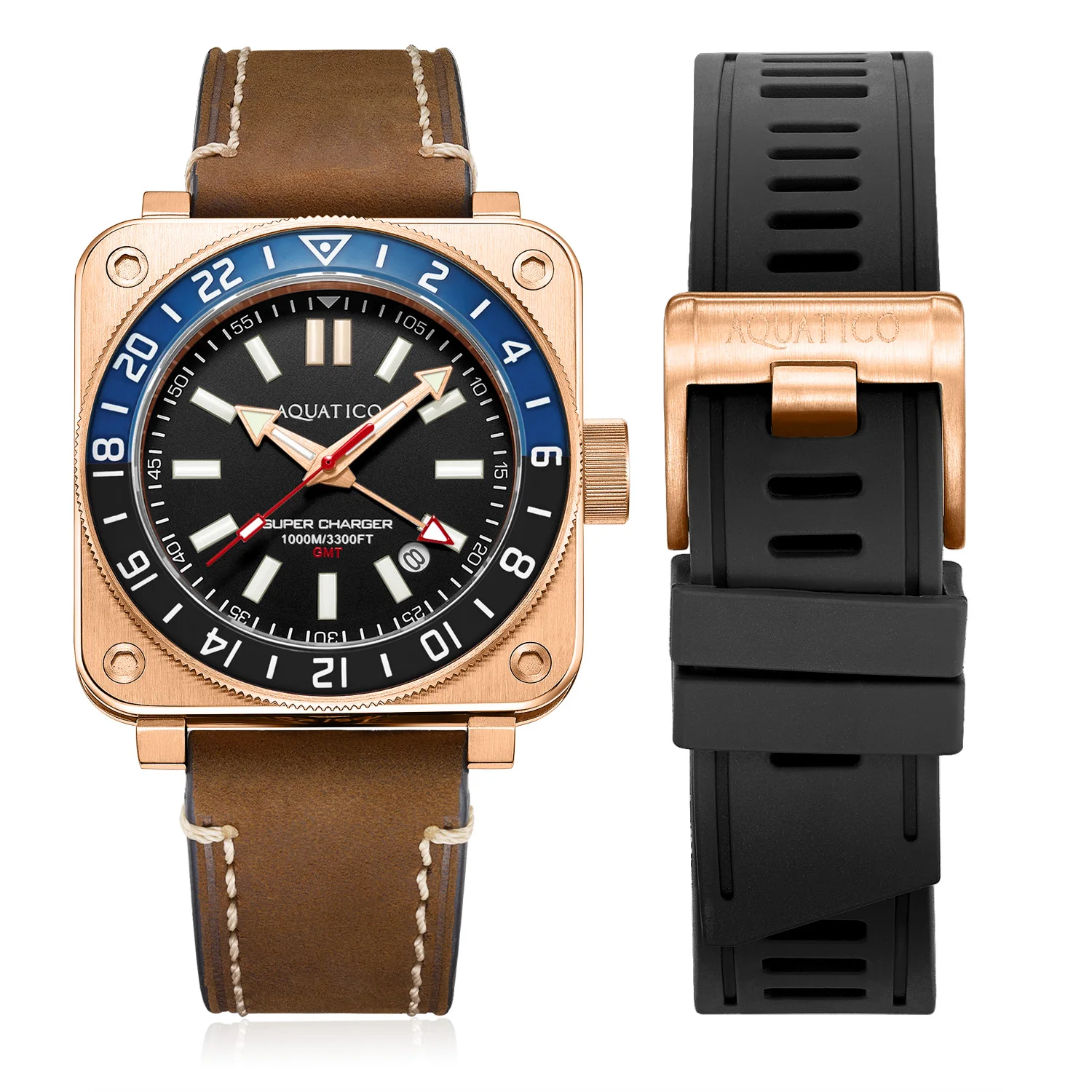 

Aquatico Super Charger GMT Watch (Black Dial Batman Bezel)