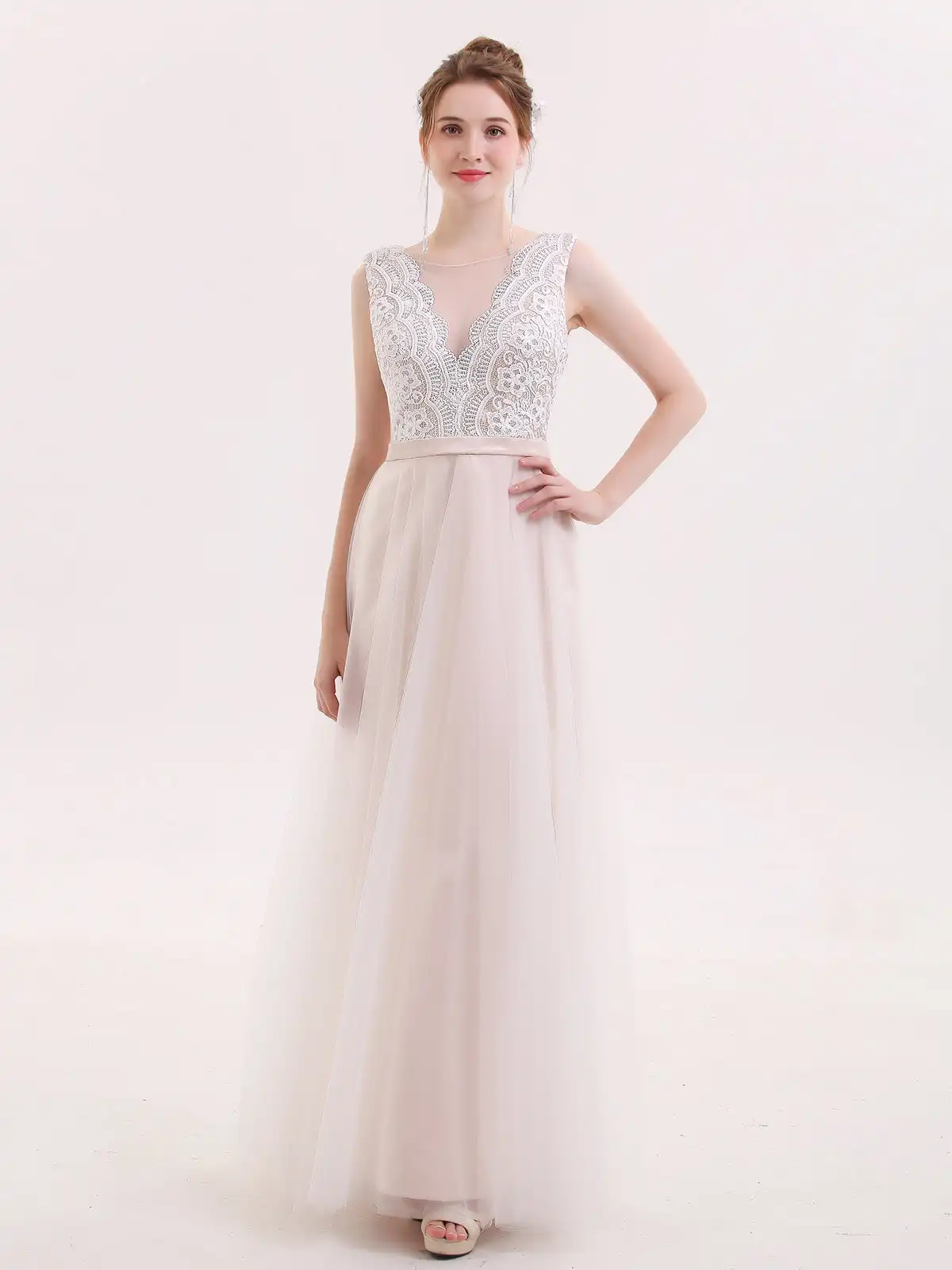 

V Neck Lace Bodice Long Wedding Dress With Tulle Skirt 2024 Bridal Dress Brush Train Vestido De Novia Bride Dress