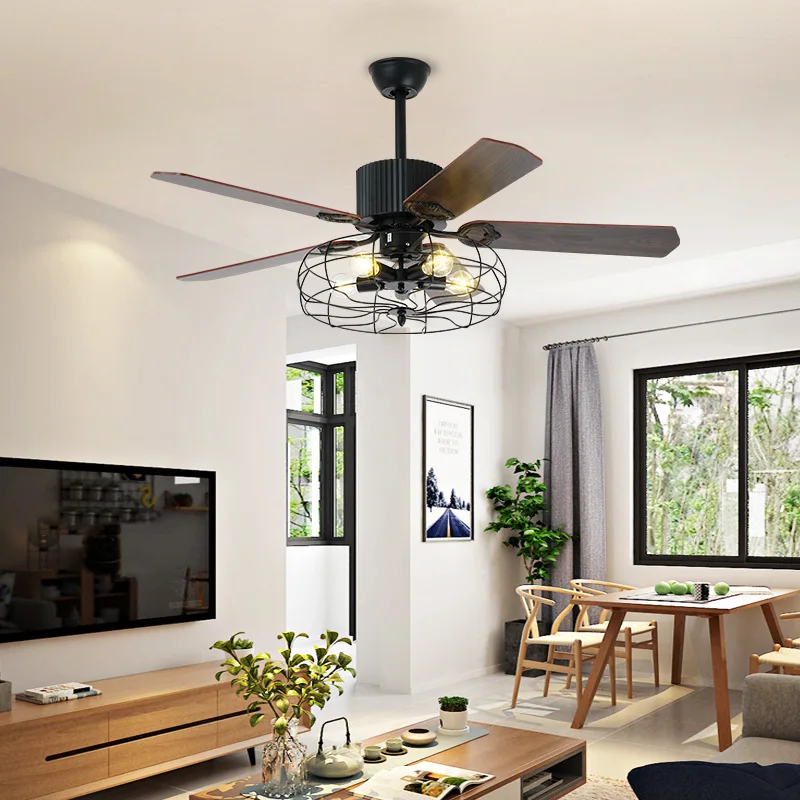 Ventilatore da soffitto industriale nero con telecomando e luci, ventilatore da soffitto moderno con gabbia e pale reversibili, ventilatore da soffitto chiuso per camera da letto - Italia