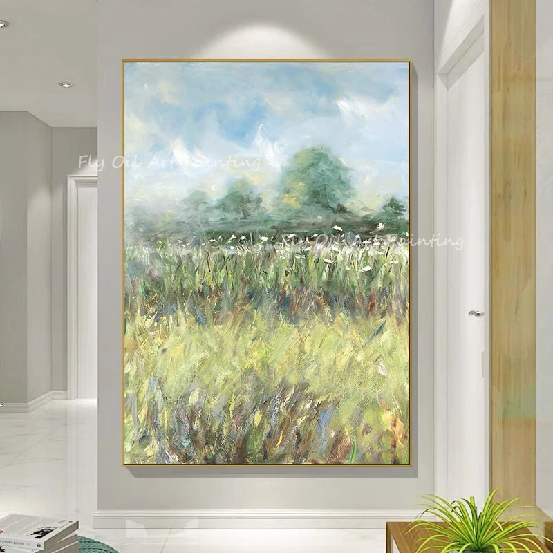 

100% Handmade Abstract Green Field Landscape Oil Painting Wall Pictures Art Wall Artwork For Living Room Home Decoration Gift