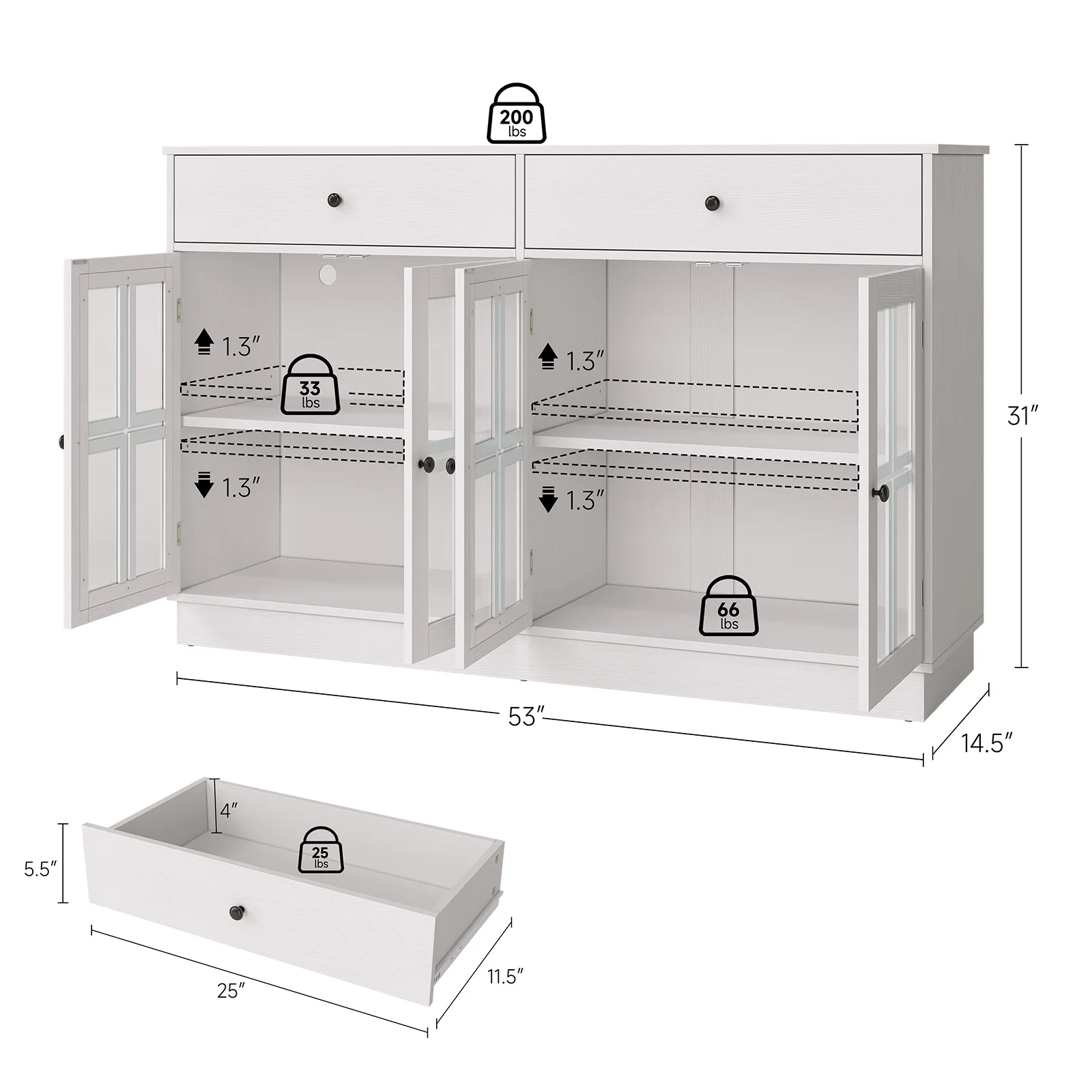 Christmas 53" Buffet Cabinet LED Light Storage Sideboard Cabinet With Spacious Tabletop 2 Sliding Drawers Clear Display Doors