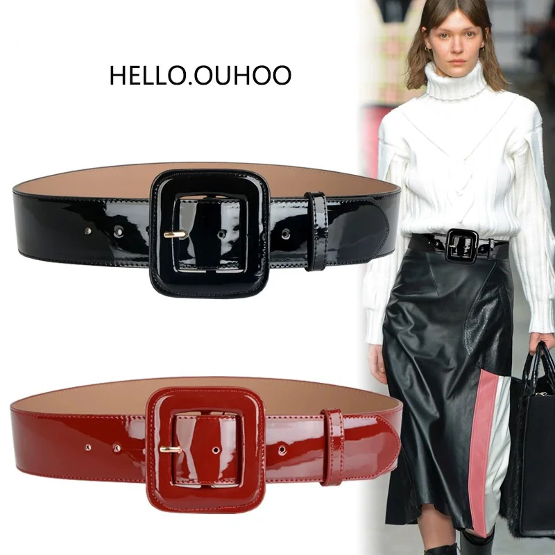 جديد 2024 لون الحلوى النساء أحزمة جلدية واسعة الأسود مشد حزام فستان كبير حزام أحمر فاخر مصمم أحزمة للنساء