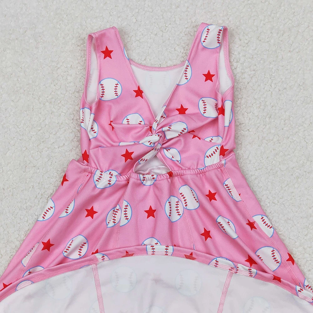 3.17 GSD2135 Baby Girls Dresses Sleeveless Baseball Print Have Under Shorts Kids Summer Clothing