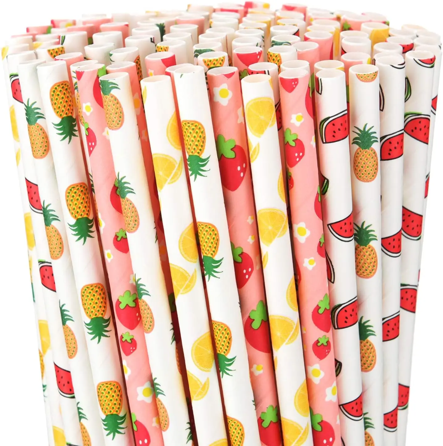 100pcs Paper Straws Fruit Pattern Drinking Straws Strawberry Pineapple Orange Paper 7.75 Inches Hawaiian Party Drinking disposable paper straws