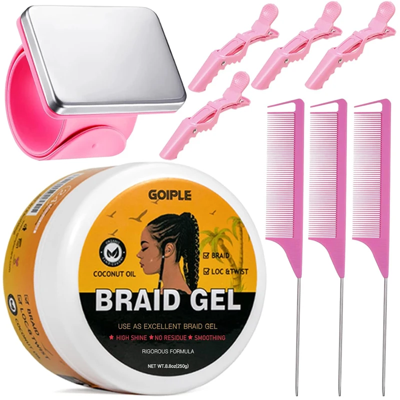 Professional Braiding Gel Long Lasting Styling Cream for Taming Frizzy Edges Magnetic Pin Wristband Tail Comb Hair Clips 9pcs