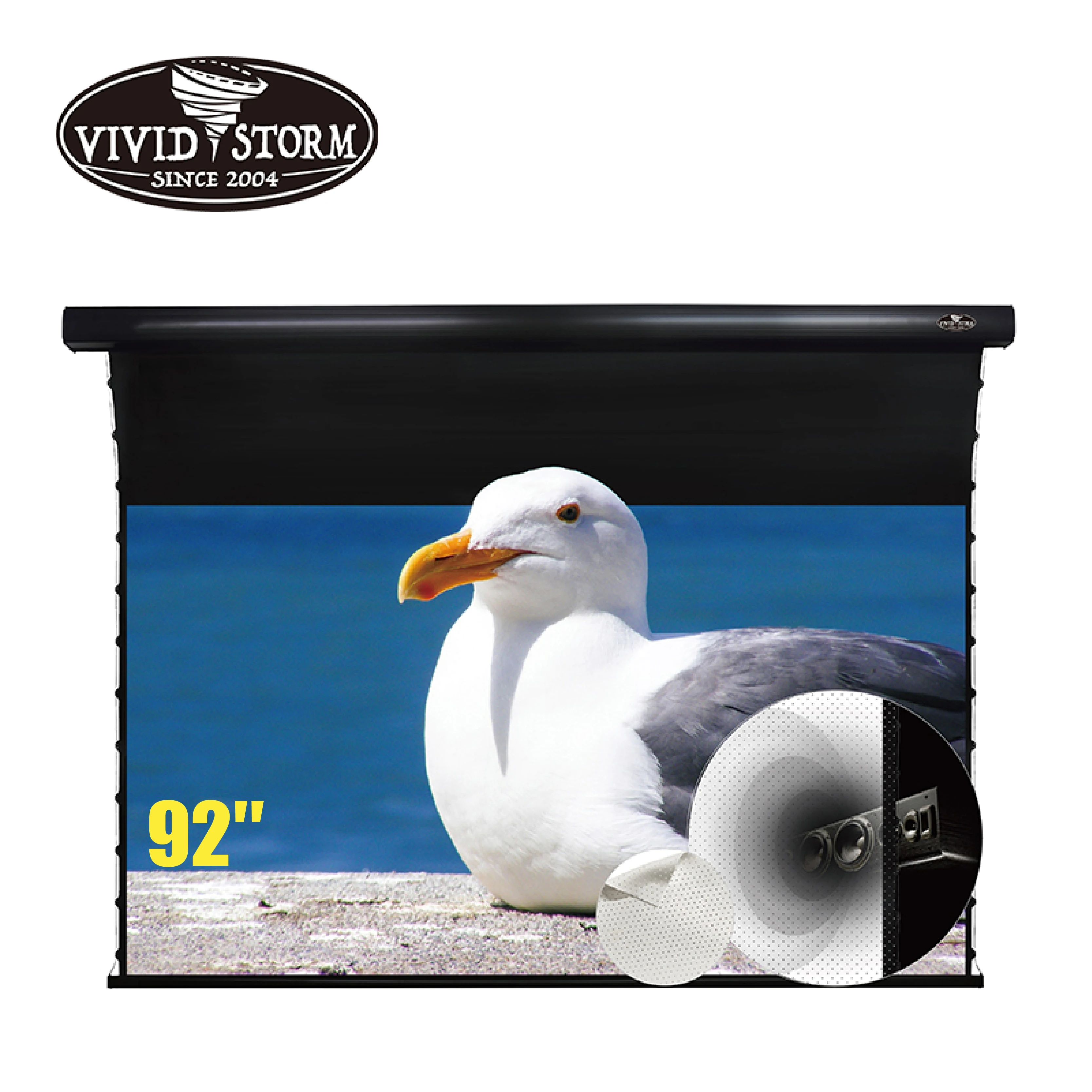 Vividstorm 92 Pollici Slimline White Cinema Motorizzato Tensione Pull Down Schermo Del Proiettore (Suono Perforato Acustico Trasparente