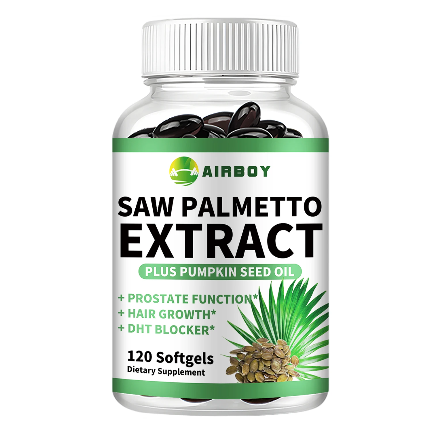thumbnail image 1 of Saw Palmetto - Con aceite de semilla de calabaza - Promueve la salud de la próstata, apoya el tracto urinario, alivia la caída del cabello - 120 cápsulas, 1 of 5