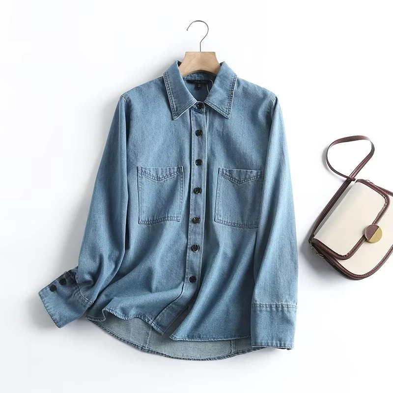 Withered Spring And Summer 2024 New Women's Fashion Denim Shirt Vintage Washed Old Boyfriend Style Pocket Shirt Lady
