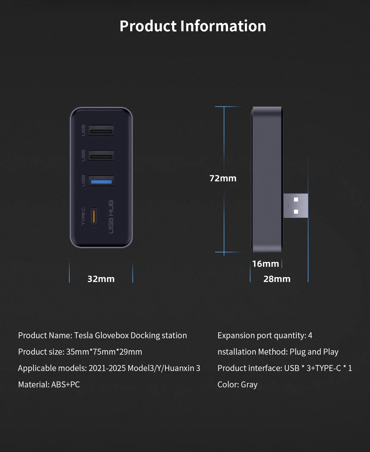 Docking Station USB Hub 4-in-1 for Tesla Model 3 Model Y Glovebox for Dashcam F