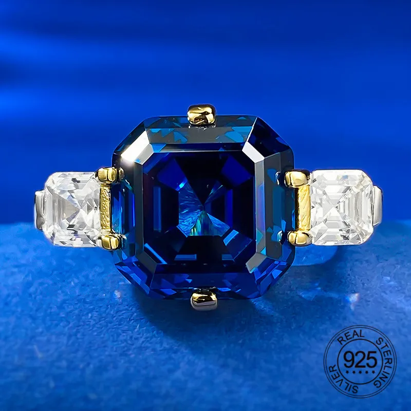 

Women Wedding Engagement Jewelry 12x12mm Blue Sapphire Cubic Zircon 925 Sterling Silver Ring