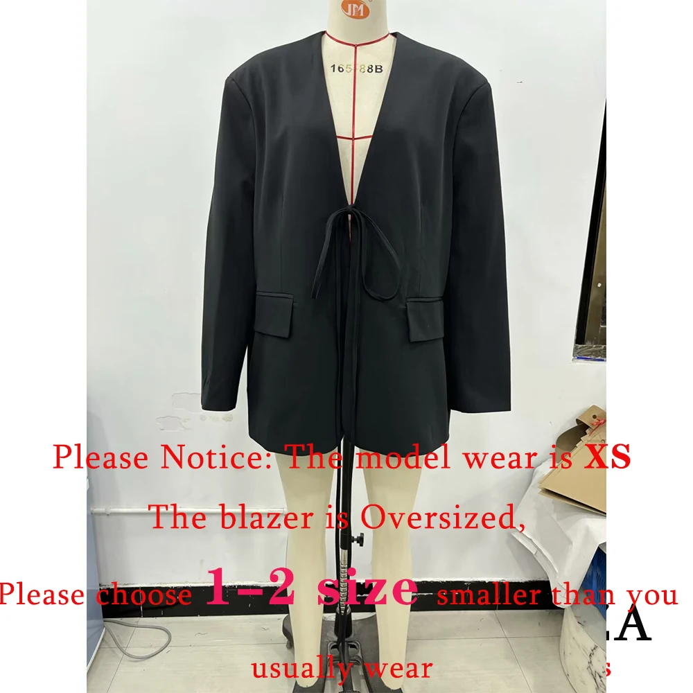 TRAFZA Casual Oversized Black Blazer Women V Neck Bow Tie Pockets Loose Jackets Fashion 2025 Streetwear Women Outwears 5