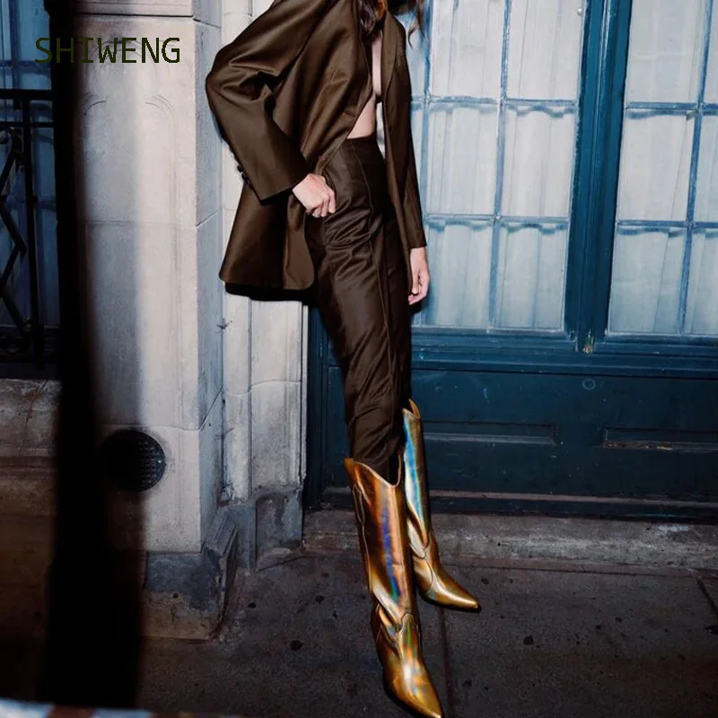 

Cowboy Boots Sexy Runway Stilettos Pointed Toe Women High Boots Candy Colors High Heels Shoes Side Zipper Westen Long Botas Muje