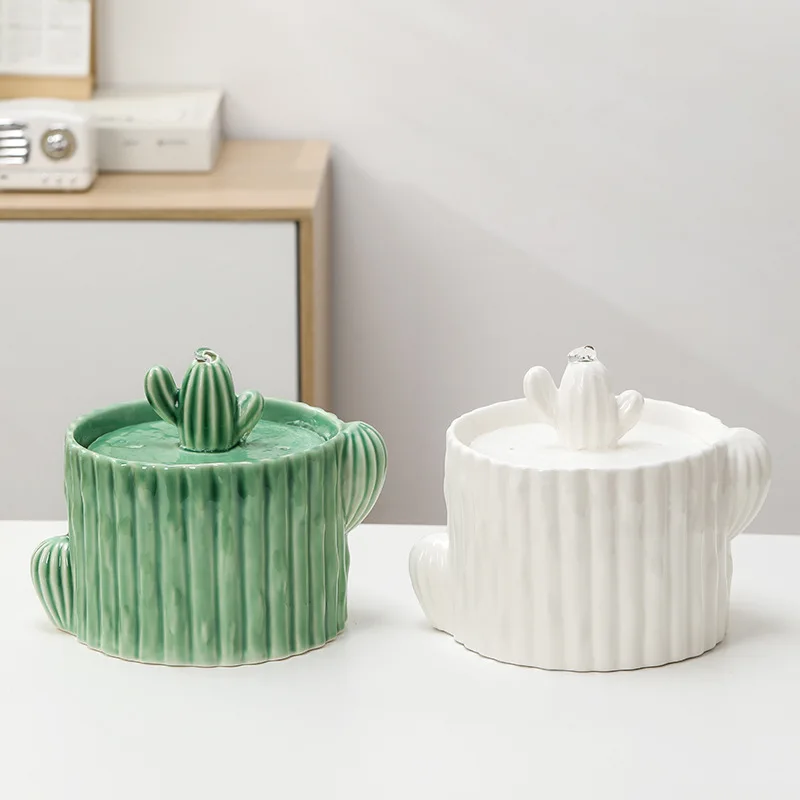 2LCeramicCatWaterFountainDinkerCactusPetDrinkingBowlsPet