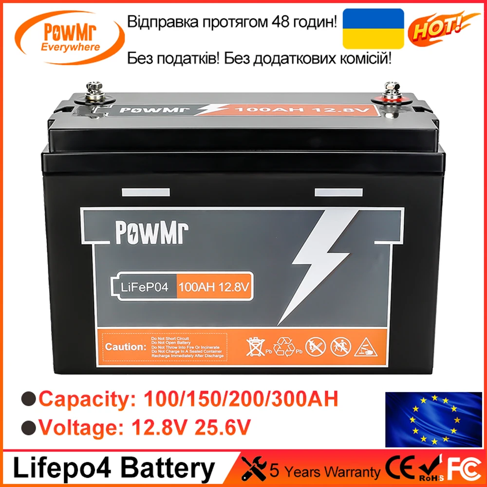 PowMr Lifepo4 Battery 12.8V 25.6V 100AH 150AH 200AH 300AH Support 4 Units in Series With BMS &ge; 4000+ Cycle Time IP65 EU USA