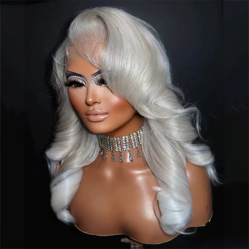 13x4 Lace Front Wig Synthetic Icy White Ashy Blonde Side Parting 22 Inches Styled Pre Plucked