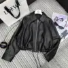 New black leather jacket for women in Spring 25 featuring zipper embroidery loose versatile sheepskin lapel genuine leather top 1