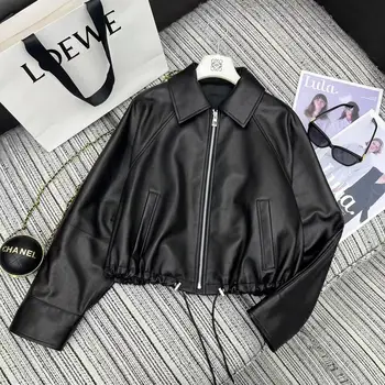 New black leather jacket for women in Spring 25 featuring zipper embroidery loose versatile sheepskin lapel genuine leather top 1