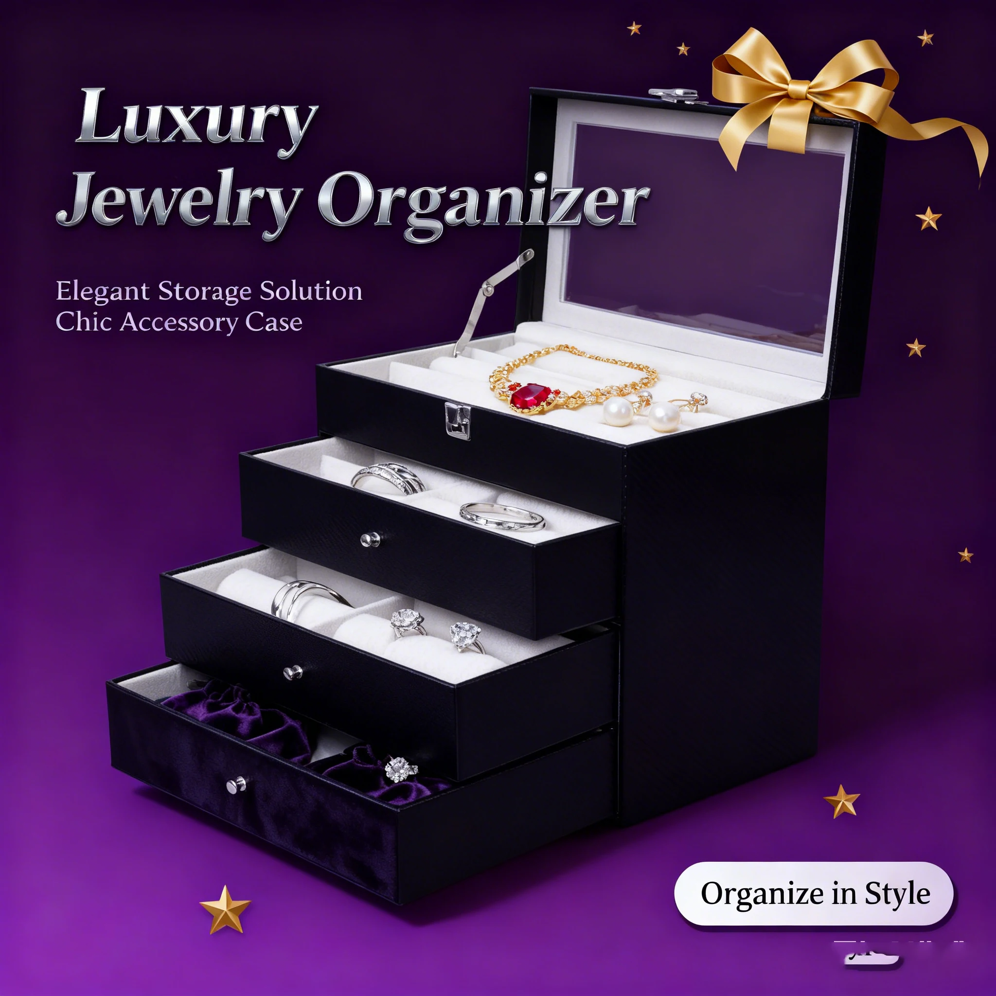 4 Layers Black 24-Slots Multiple Glasses Organizer Eyeglass Sunglass Storage Box Display Holder for Storing Glasses, Bracelets