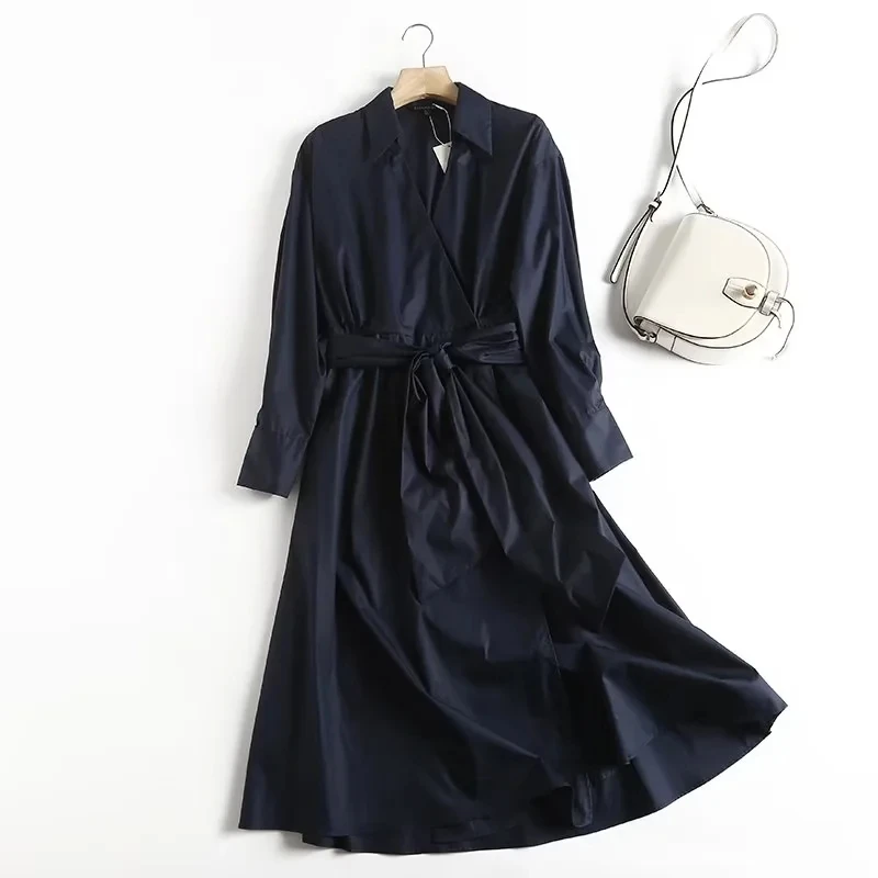 

Jenny&Dave England Style Office Lady Fashion Simple Cotton Navy Color Sashes Long Shirt Dress Women