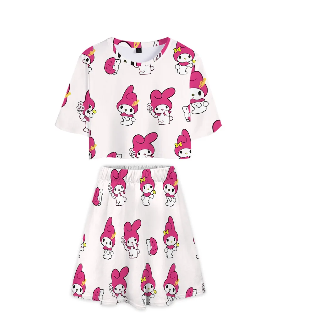 

2022 Summer Women Melody Cartoon Print Pink Girl Crop Navel Short T-Shirt Mini A-line Skirt Suit Unif Harajuku Kawaii Streetwear