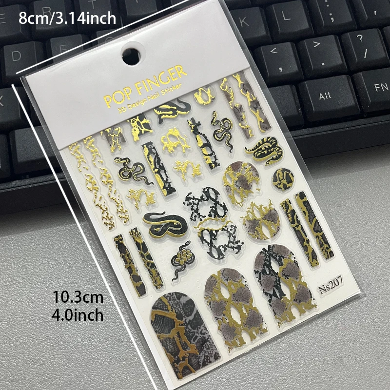 3D Embossed Snake Nail Stickers Black Self-Adhesive Snake Nail Art Stickers Decals Supplies Horror Snakeskin Nail Slider Decor 5
