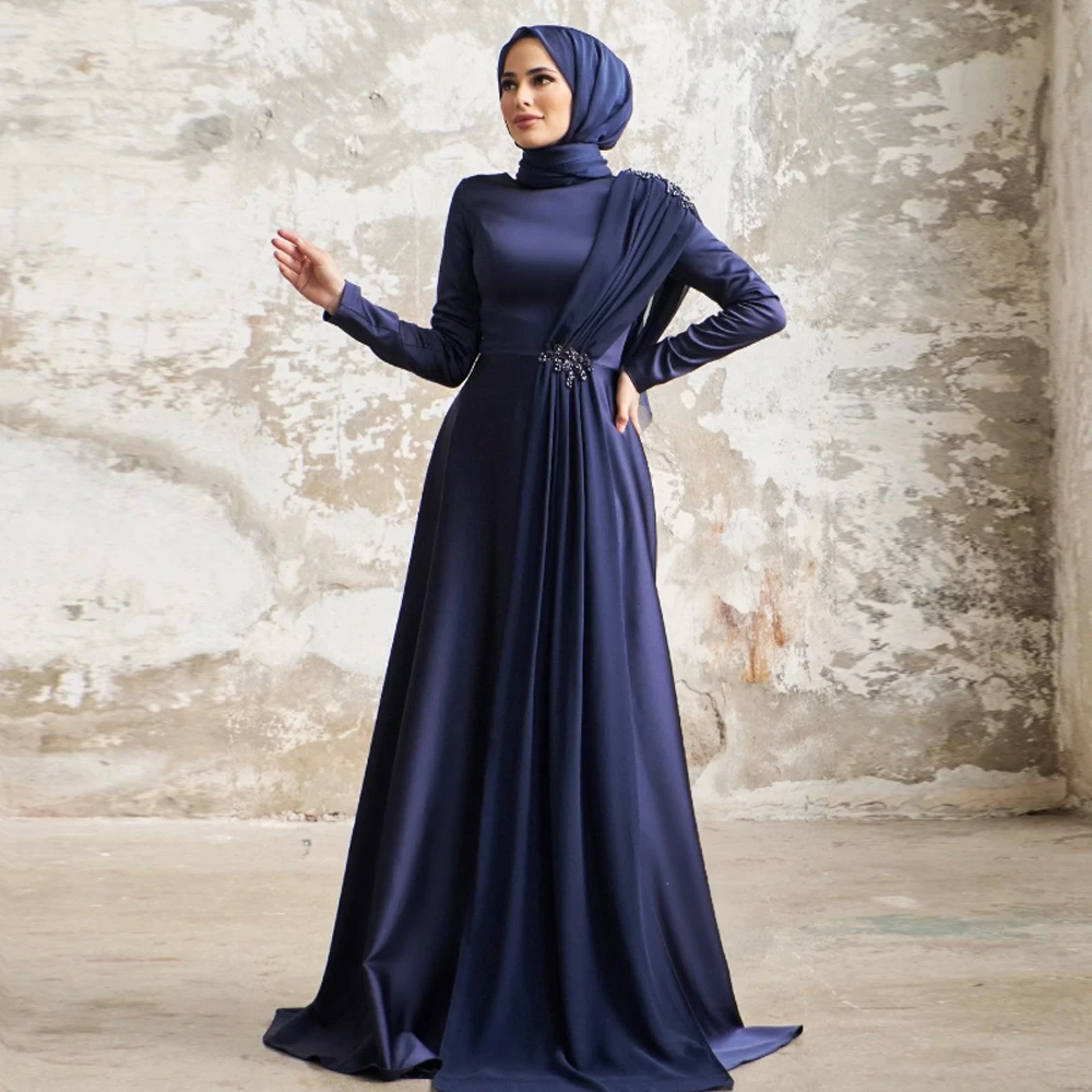 Muslim Navy Blue Mother Of The Dresses High Long Sleeves Beaded A-line Vestidos Bodas Mujer Invitada فستان سهرة - Mother Of The Bride Dresses - AliExpress