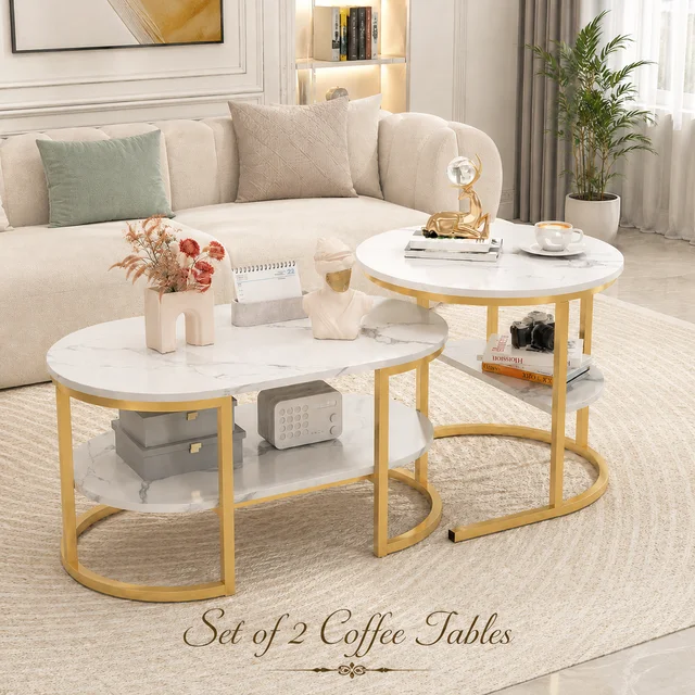 Ensemble de 2 Tables Basses Gigognes Ovales, Lot de 2 Tables Basses 2 en 1 avec espace de Rangement, Table Basse aspect Marbre Table de salon Basse pour Salon, Balcon et Bureau 1