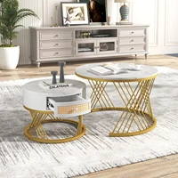 Rosahqnda Table basse ronde 2 en 1 MDF avec plateau en marbre et tiroirs en plastique 4
