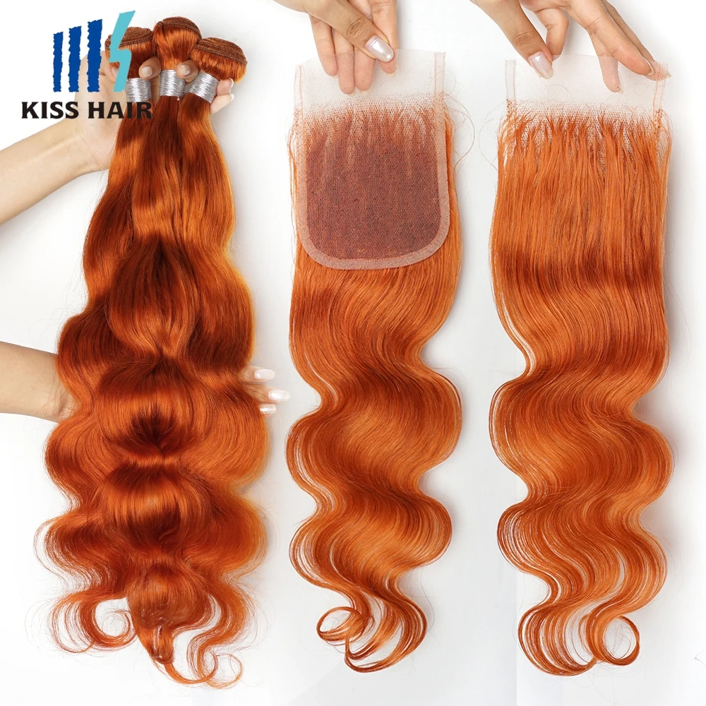 Body Wave 2/3 Bundles With Closure #350 Ginger Orange Human Hair Weaving With 4*4 Closures Pre-colored Brazilian Hair Extension