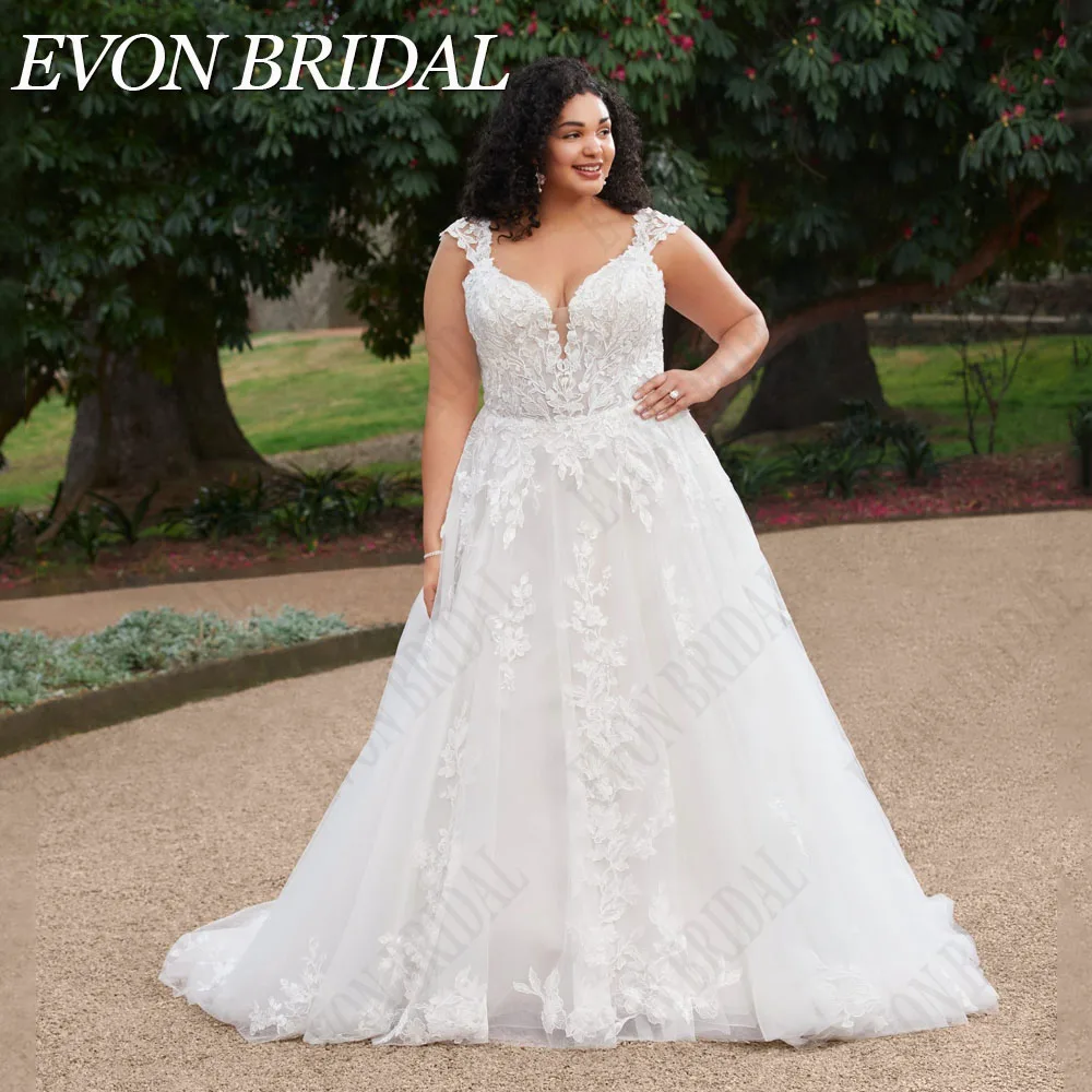 

EVON BRIDAL Civil Wedding Dresses Plus Size Woman Cap Sleeves V-Neck Bride Gowns Applique A-Line Tulle vestidos novias boda