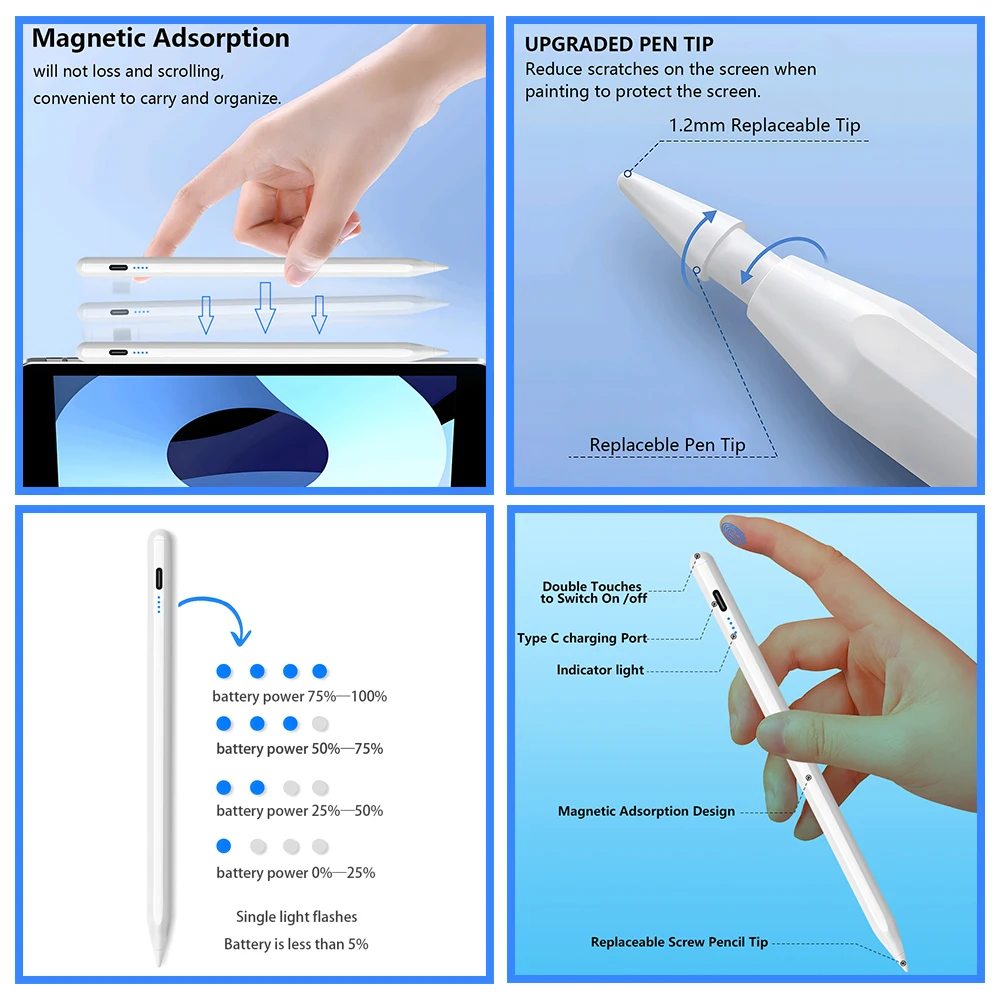 para Apple Lápis Palma Rejeição Power Display Ipad Caneta Lápis para Ipad Acessórios 2023 2023 20232023 2023 Pro ar Mini Stylus - Imagem 4