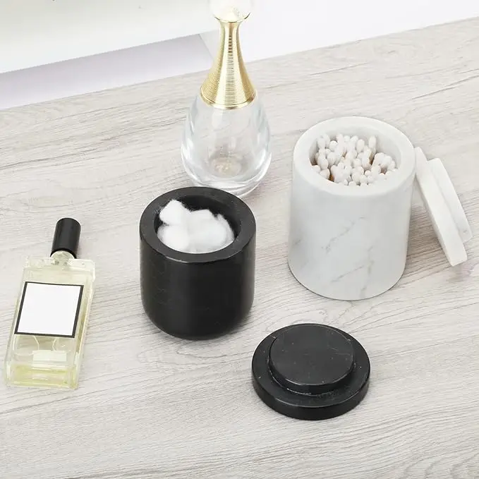 Marble Bathroom Canister - Airtight Storage for Cotton Swabs/Balls with Lid (Vanity Organizer, White) 2