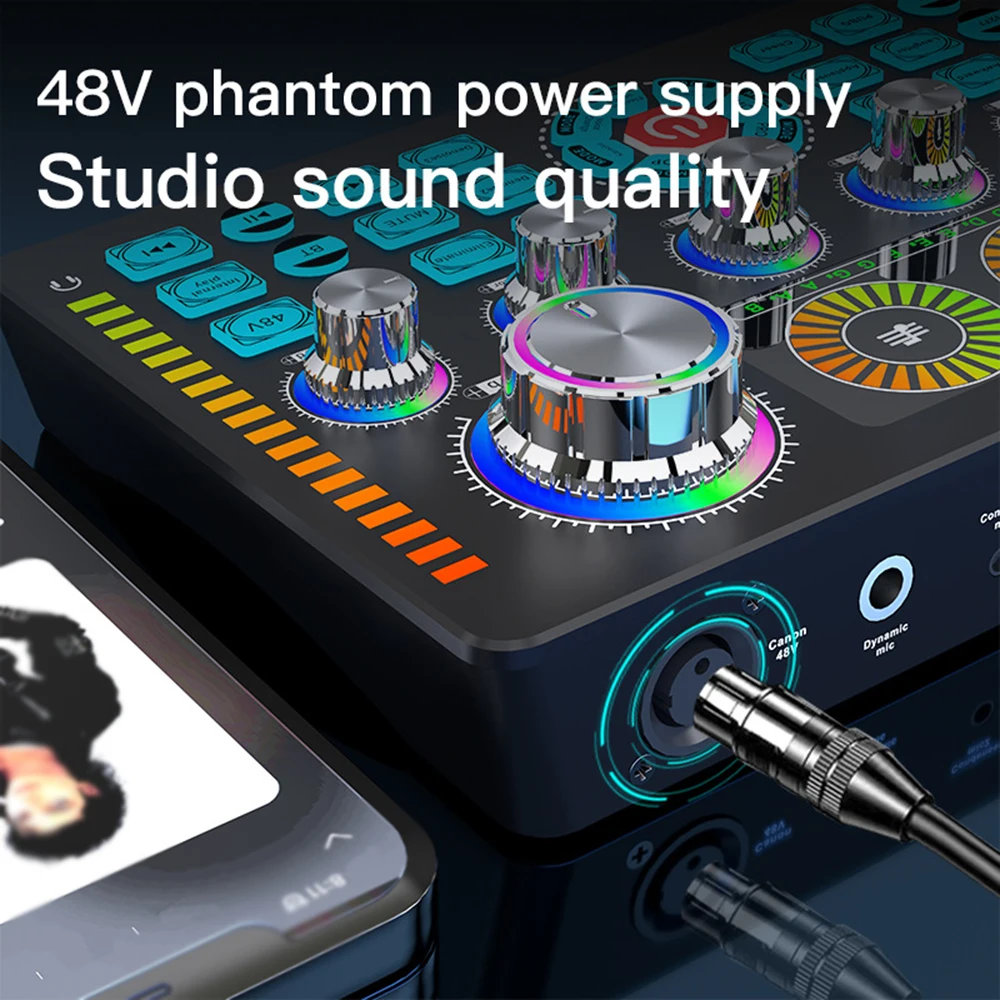 Q7 Sound Card Professional Sound Cards Audio Mixer 48V Phantom for Mobile Phone Computer Karaoke Broadcast KTV Singing Live