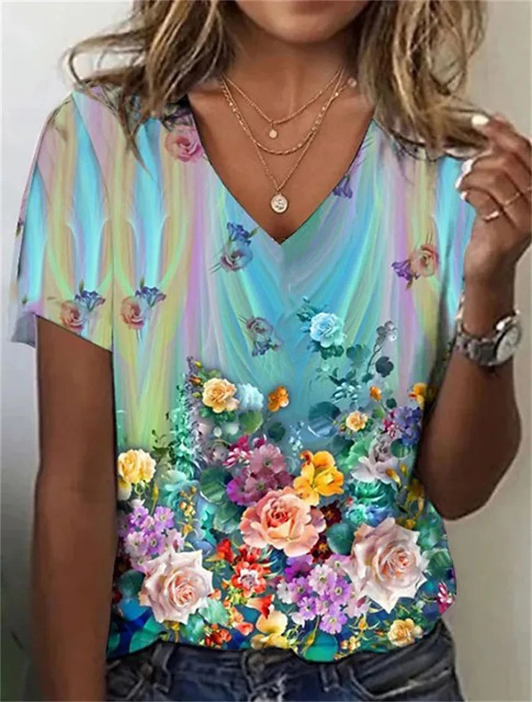 

2023 summer new classic floral series printed T-shirt women's street V-neck oversized female universal new retro design T-shirt