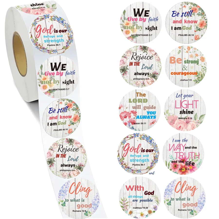500 Stück Bibelvers-Aufkleberrolle – florale christliche Schriftenaufkleber, inspirierende religiöse runde Etiketten.