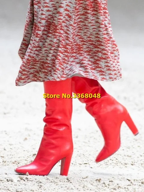 Matte Leather Solid Knee High Boots Block Heel Sexy Pointed Toe Slip On Autumn Winter Women Boots Square Heel Runway Shoes 2
