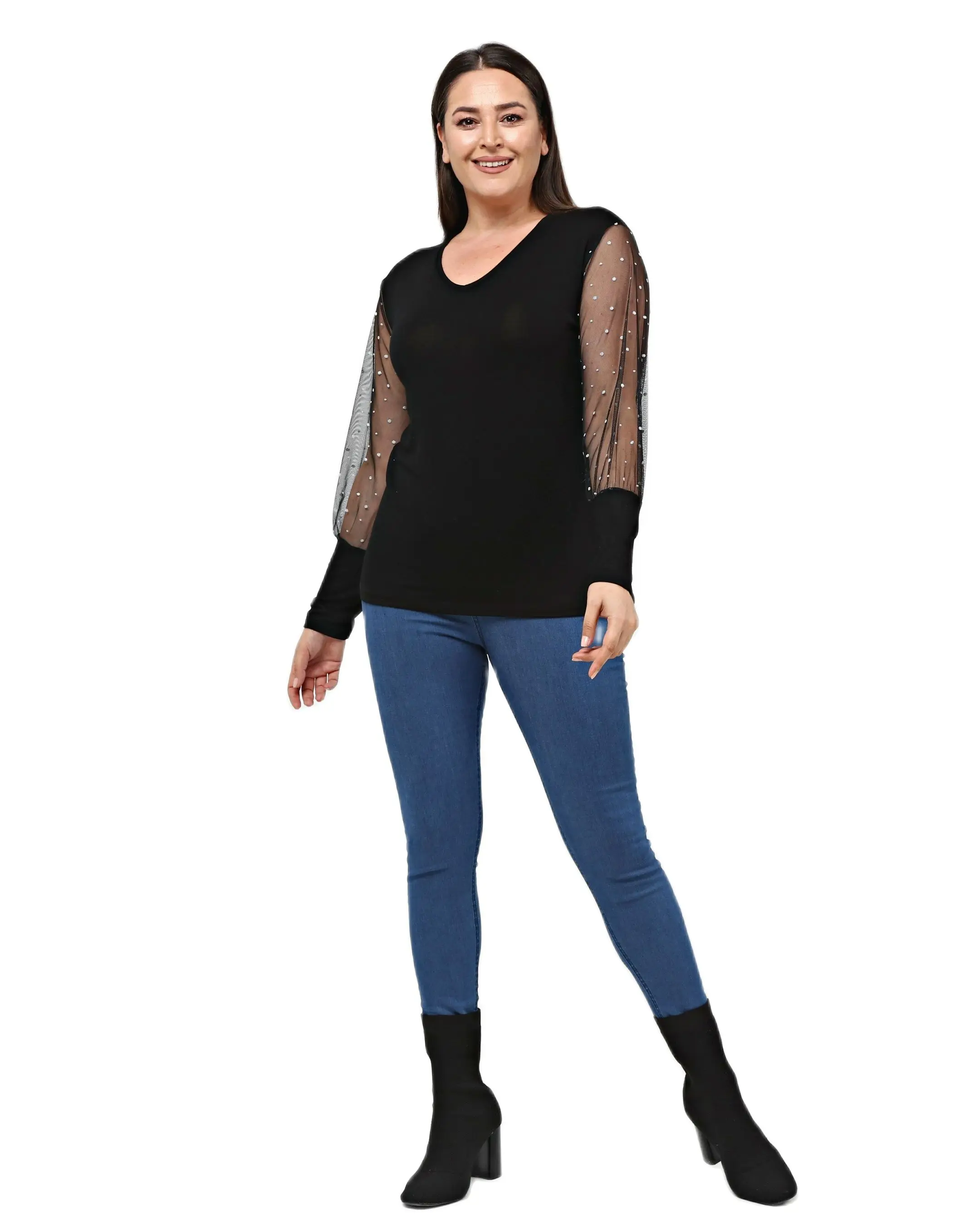 Женская блузка размера плюс Black, прозрачная и блестящая в горошек, разработана и изготовлена в Турции, Новое поступление