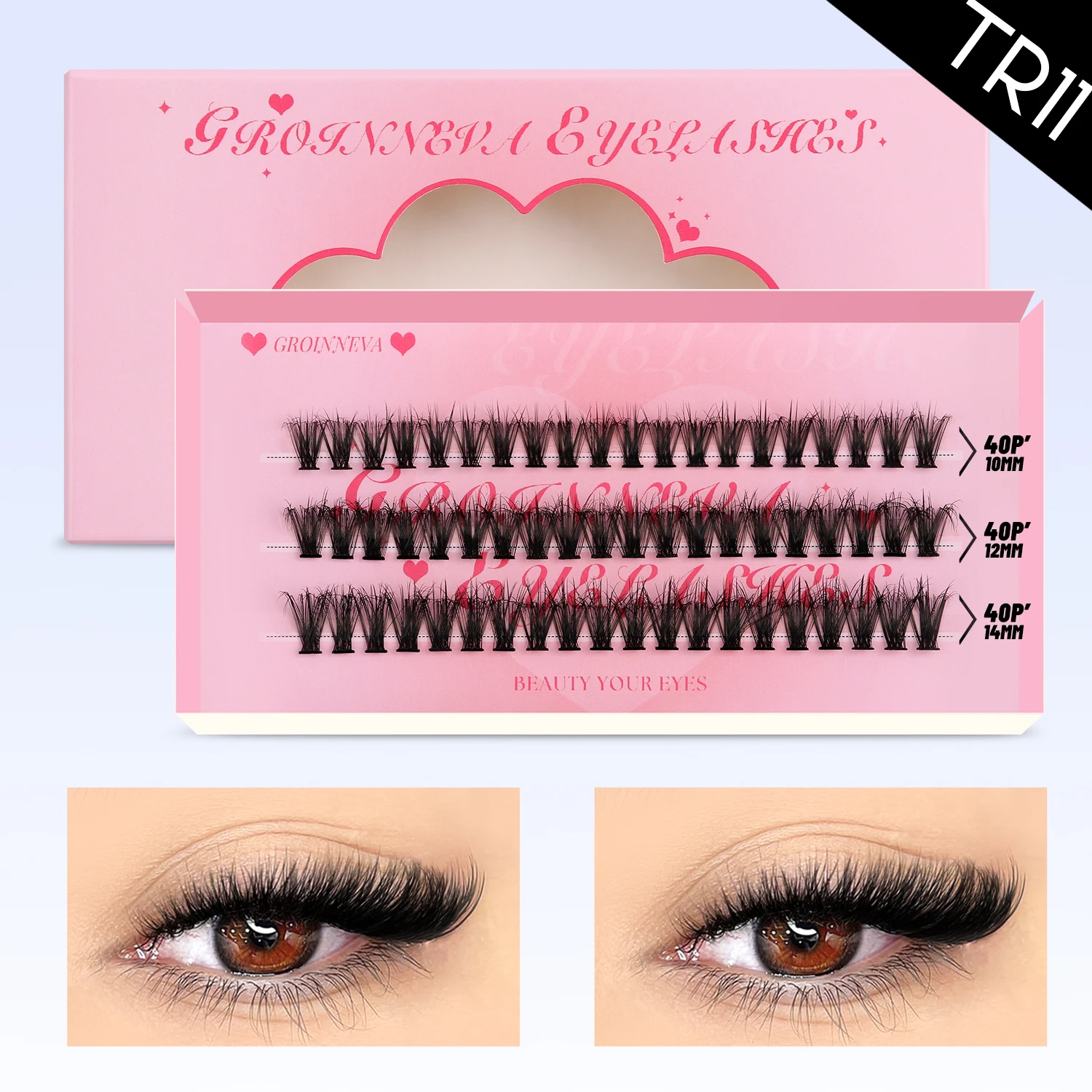 GROINNEYA Lashes Cluster DIY Lash Extension Mixed Tray Clusters Eyelashes Fluffy Volume Individual Lashes Cat Eye Lash Extension