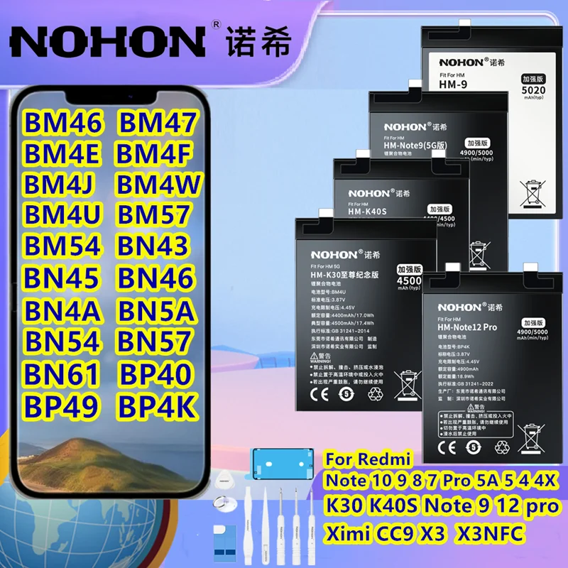 NOHON Battery For Xiaomi Redmi Note 10 9 8 7 Pro 5A 5 4 4X Replacement Bateria BM57 BM4E BM4F BM4J BN4A BN5A BN57 BN61 BN46 BW4W