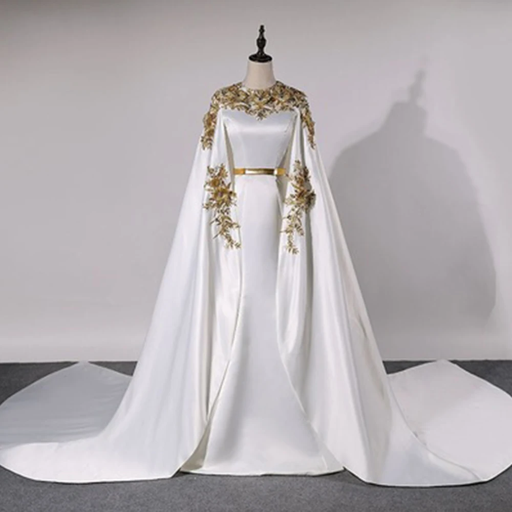 Luxury Muslim Floor Length Evening Dress O-Neck Long Sleeve Gold Applique Mermaid Women Banquet Party Custom Shawl Cape Gowns 1