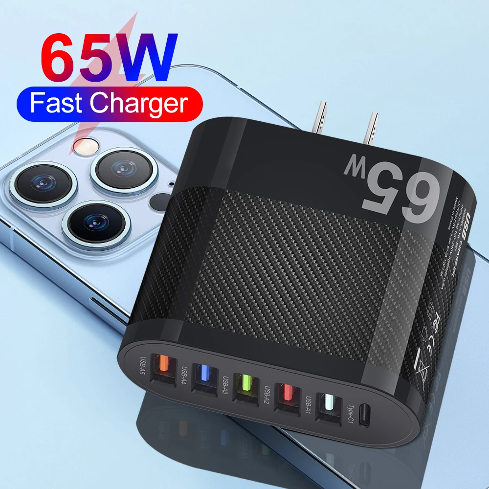 PD 65W Charger USB Type C 6 Ports Fast Charging Charger QC3.0 Power Adapter For iPhone15 14 Samsung S23 S22 Xiaomi Quick Charge