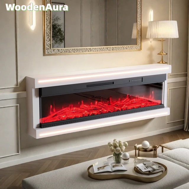 Cheminée électrique murale avec éclairage d'ambiance LED, 50 pouces, flamme de bois simulée 12 couleurs. 1