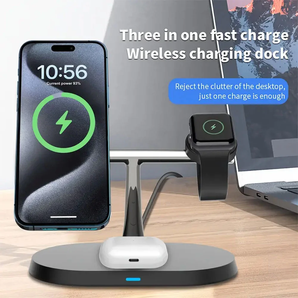 3 in 1 Magnetic Wireless Charger Stand Phone Charger Holder Fast Charging For iPhone 16 15 14 13 Pro Max Apple Watch Airpods 15W