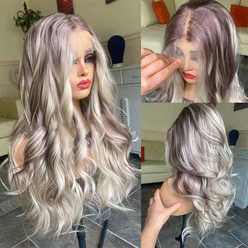 Human Synthetic Blend Wig 13x4 Lace Front Wig Browns White Blonde Highlights Gorgeous Long Hair Curly Layered Long Blonde